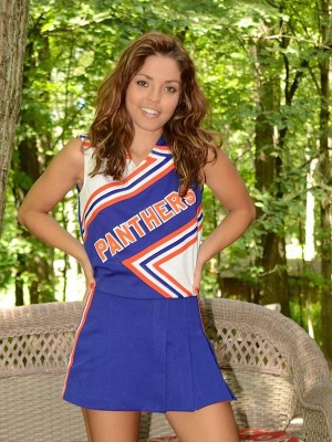 Cool coed Sofia peels off cheerleader uniform.